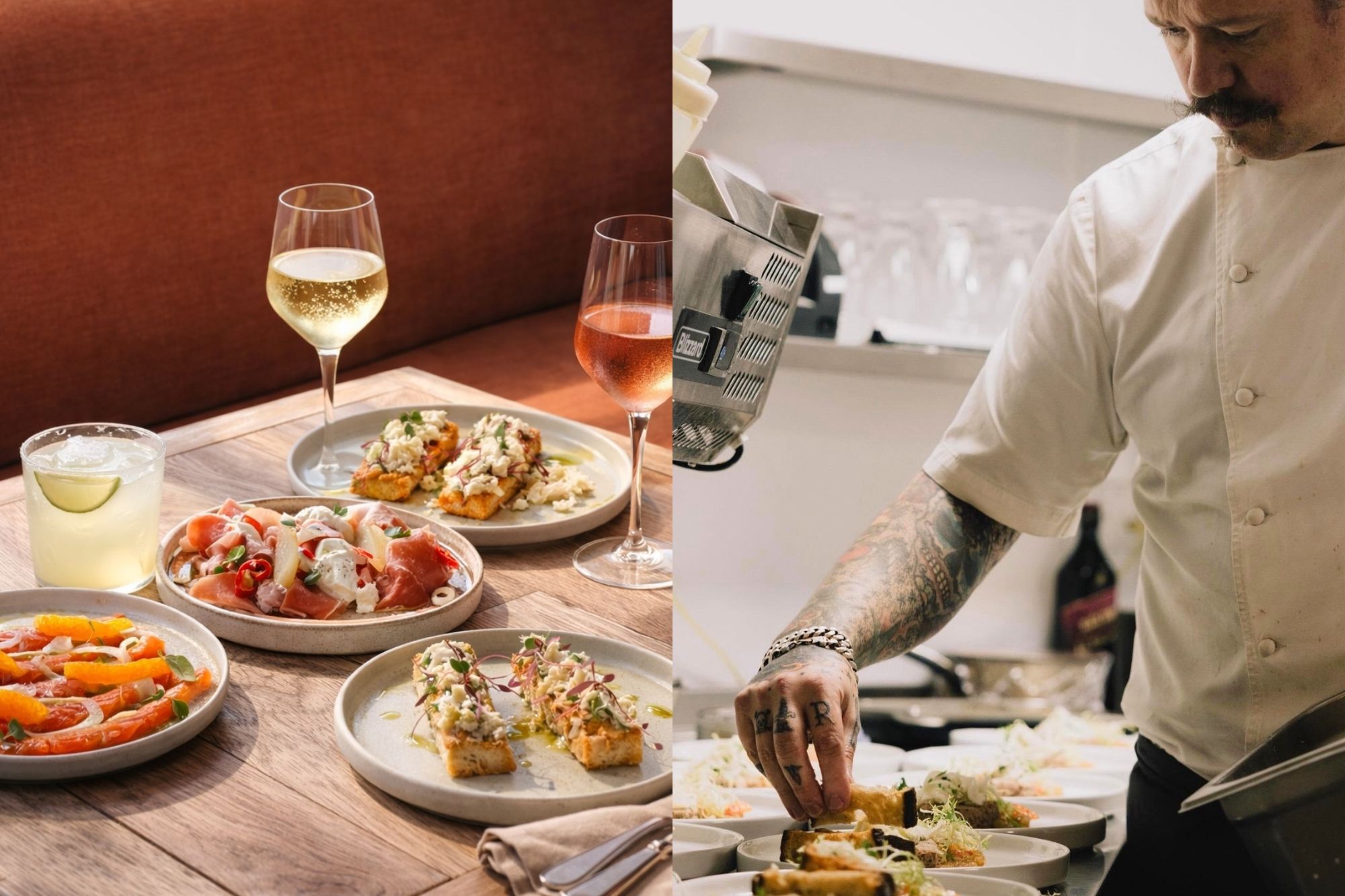 A split image. On the left side we see 4 plates laid out on a table with drinks. The Food looks fresh and inviting. The left image is of a chef finishing plating up dishes in the kitchen.