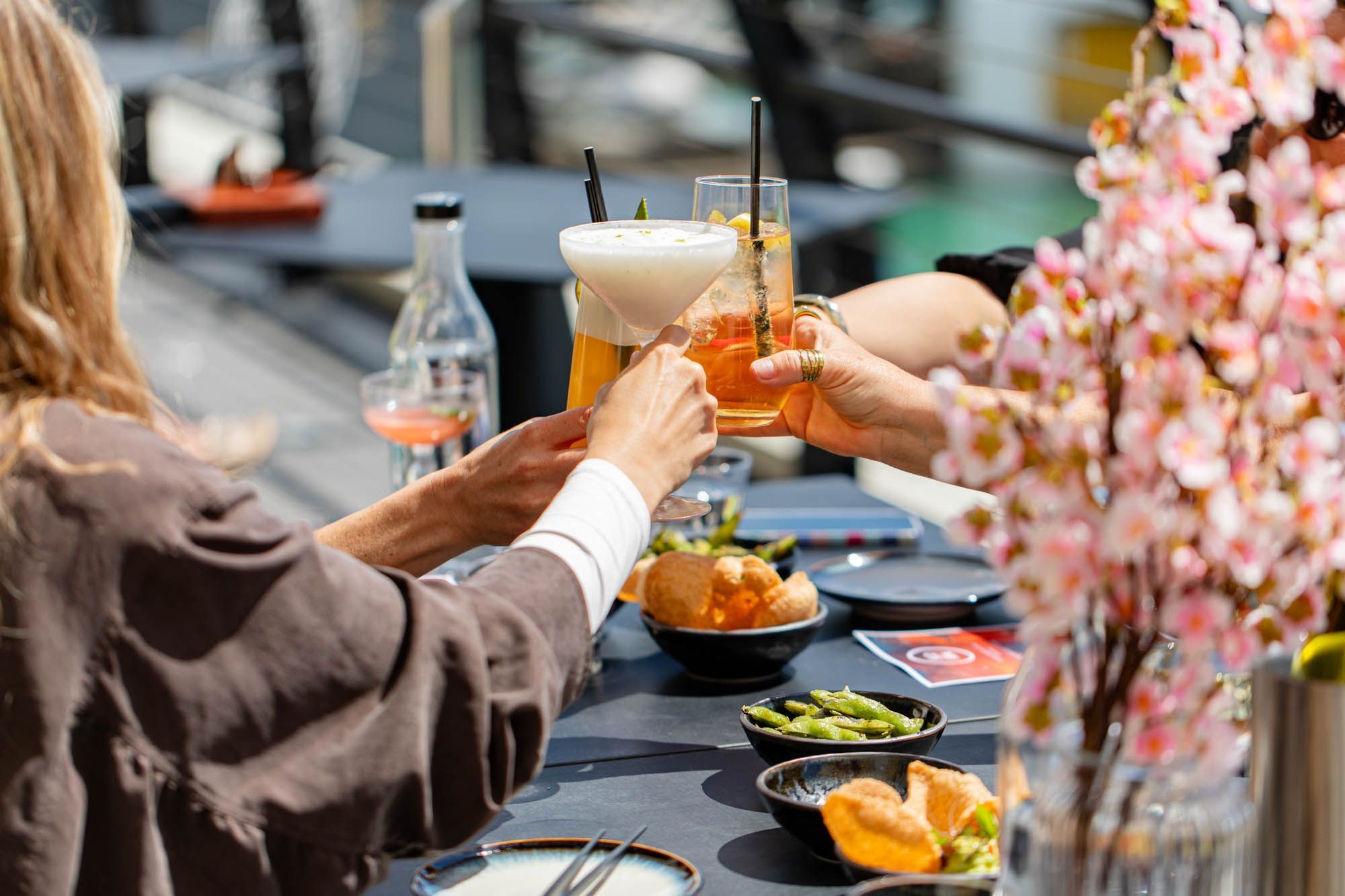 group of women having a toast with their drinks on the Malmaison terrace 