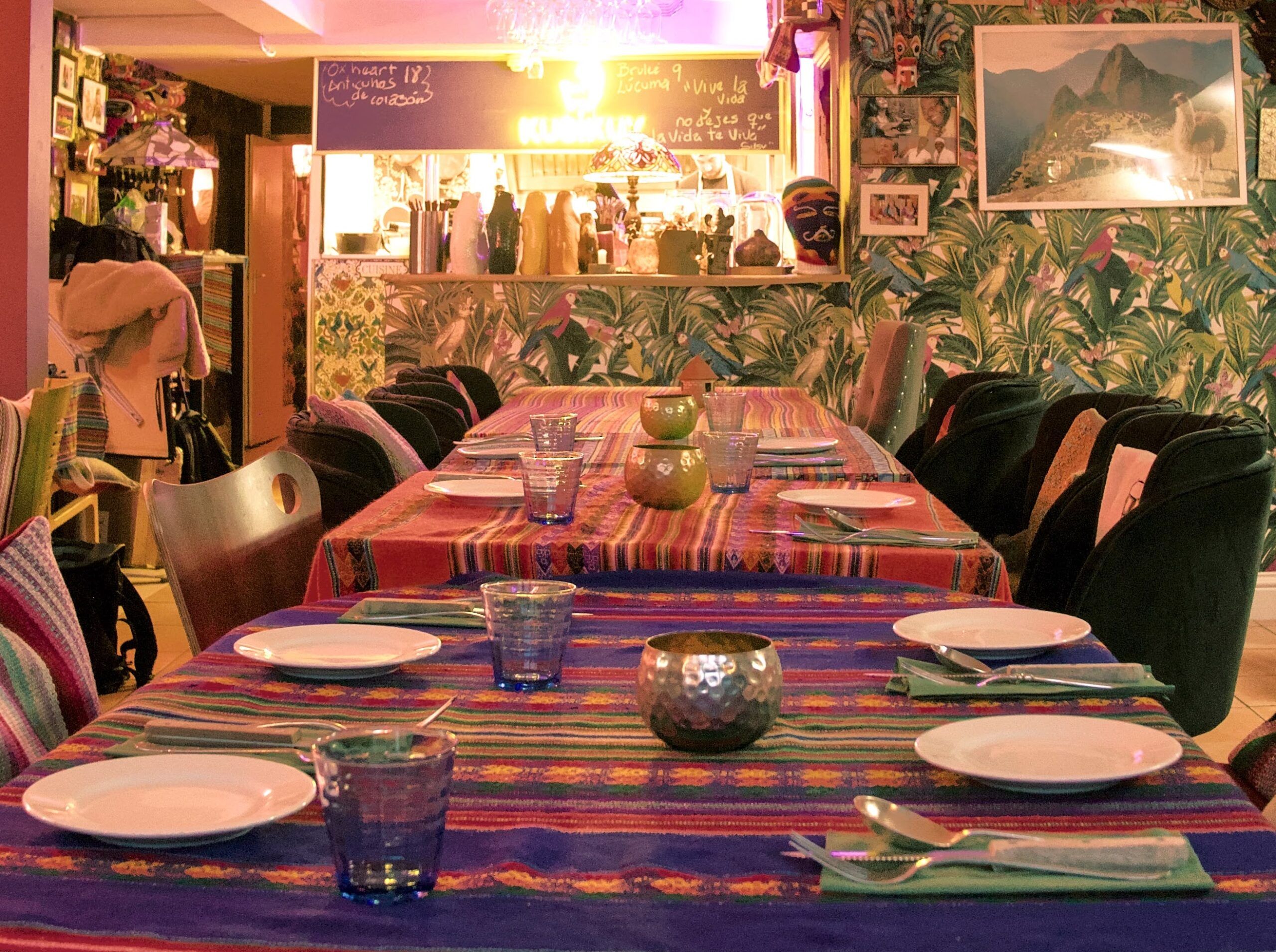the interior of Lima Nikkei in Brighton. Located on Madeira Drive. Peruvian table cloths and soft furnishings