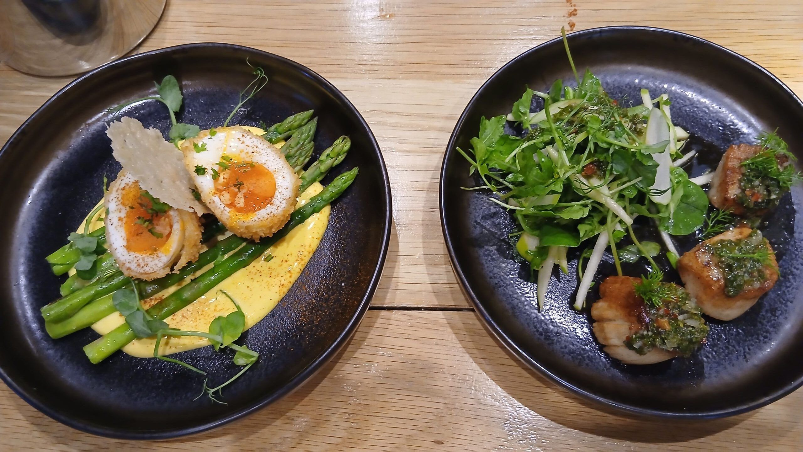 over head shot of asparagus and scallops dish
