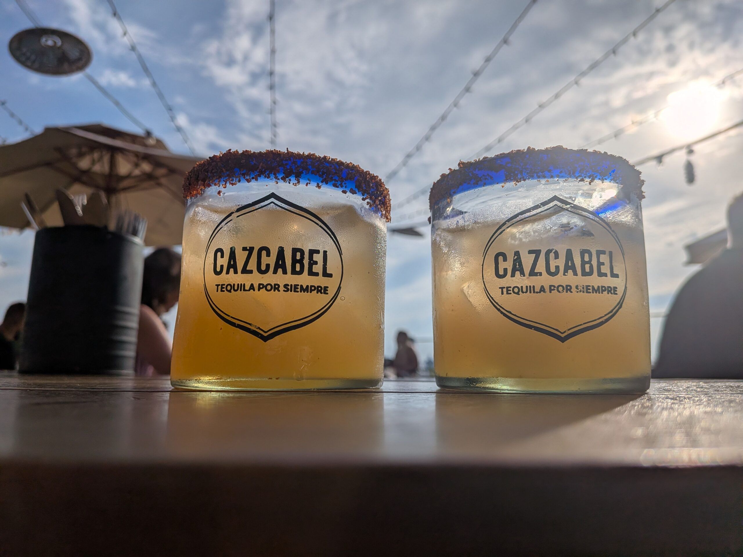 shot of the two tequilas on the terrace table at Shelter Hall
