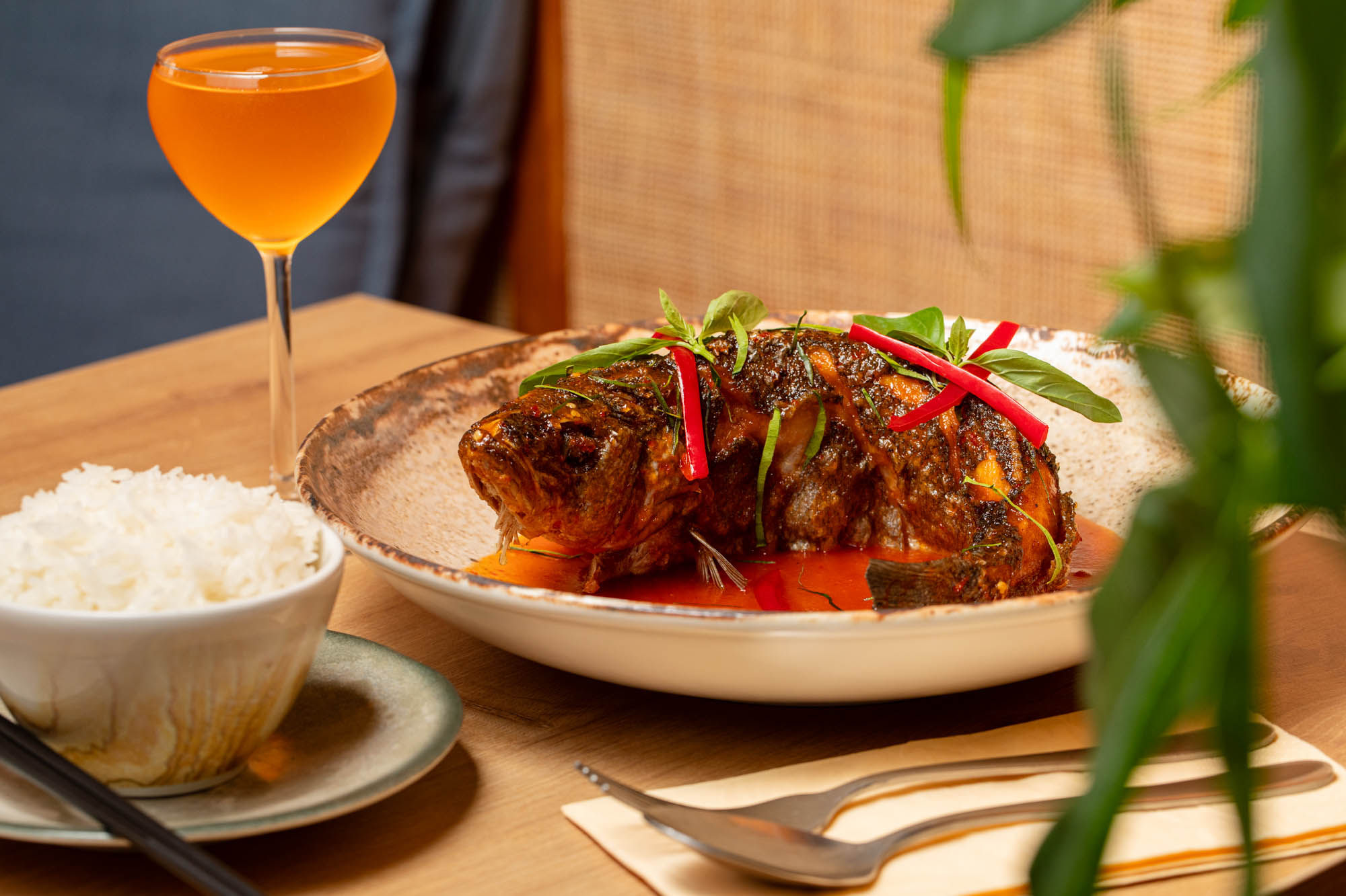 fish dish served with cocktail