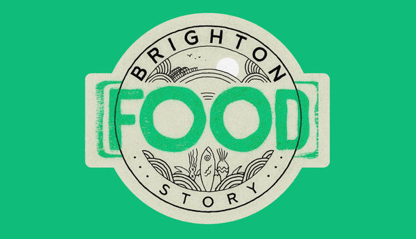 Green poster with Brighton Food Story logo