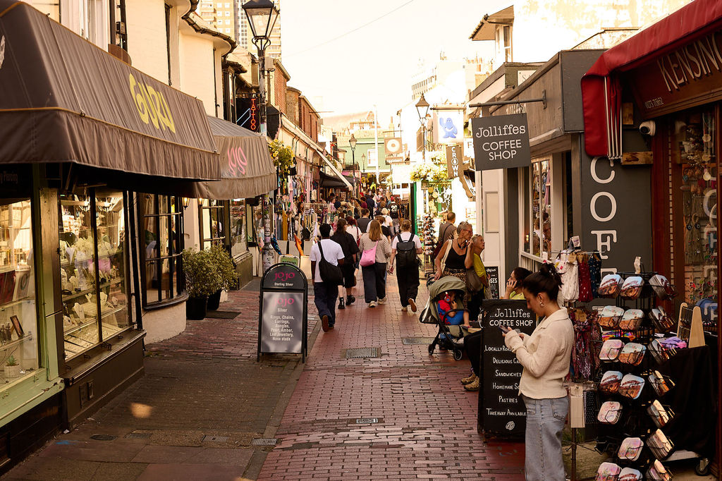 The North Laine in Brighton with people shopping