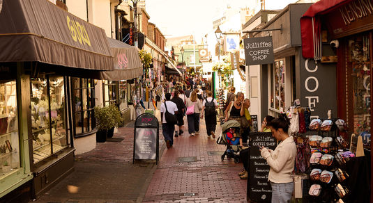 The North Laine in Brighton with people shopping