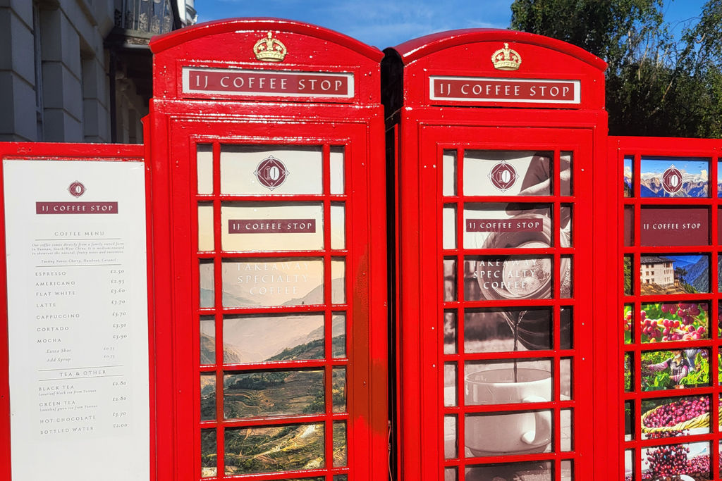 The red telephone boxes on London Road. IJ Coffee Stop on London Road. Coffee from China