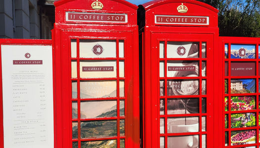 The red telephone boxes on London Road. IJ Coffee Stop on London Road. Coffee from China